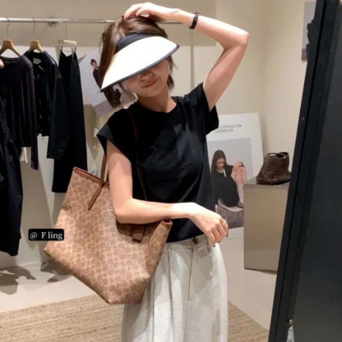 

Pink shoulder short-sleeved t-shirt women s early summer versatile new wear loose and thin thin bottoming shirt top XL чорний