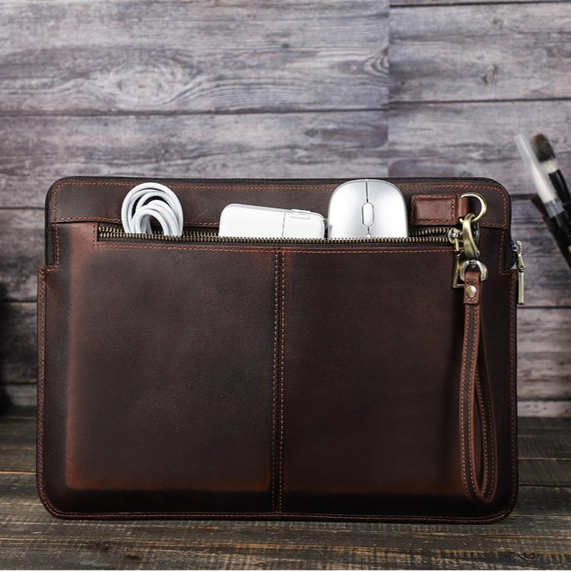 Genuine Leather Laptop Sleeve For MacBook Pro 14 Large Inner Pocket Shockproof
