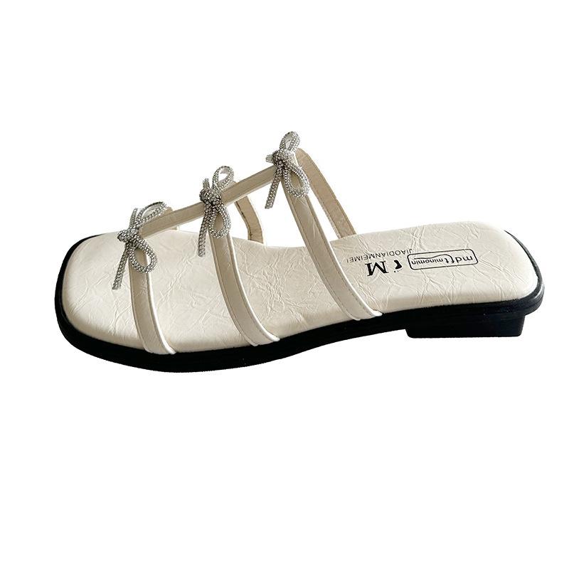 

Square heel exquisite outer sandals cool slippers rhinestone commuter women bow one word drag style Roman French summer 40 бежевый