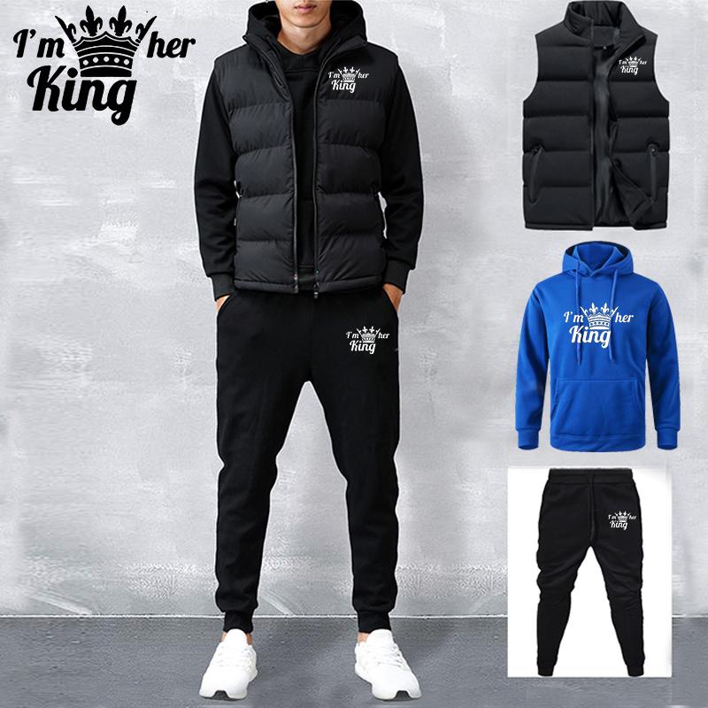 Men's Tracksuit New Autumn and Winter Solid Color  Printed Hoodie + Vest + Pants Three-piece Set Couple Casual Sportswear