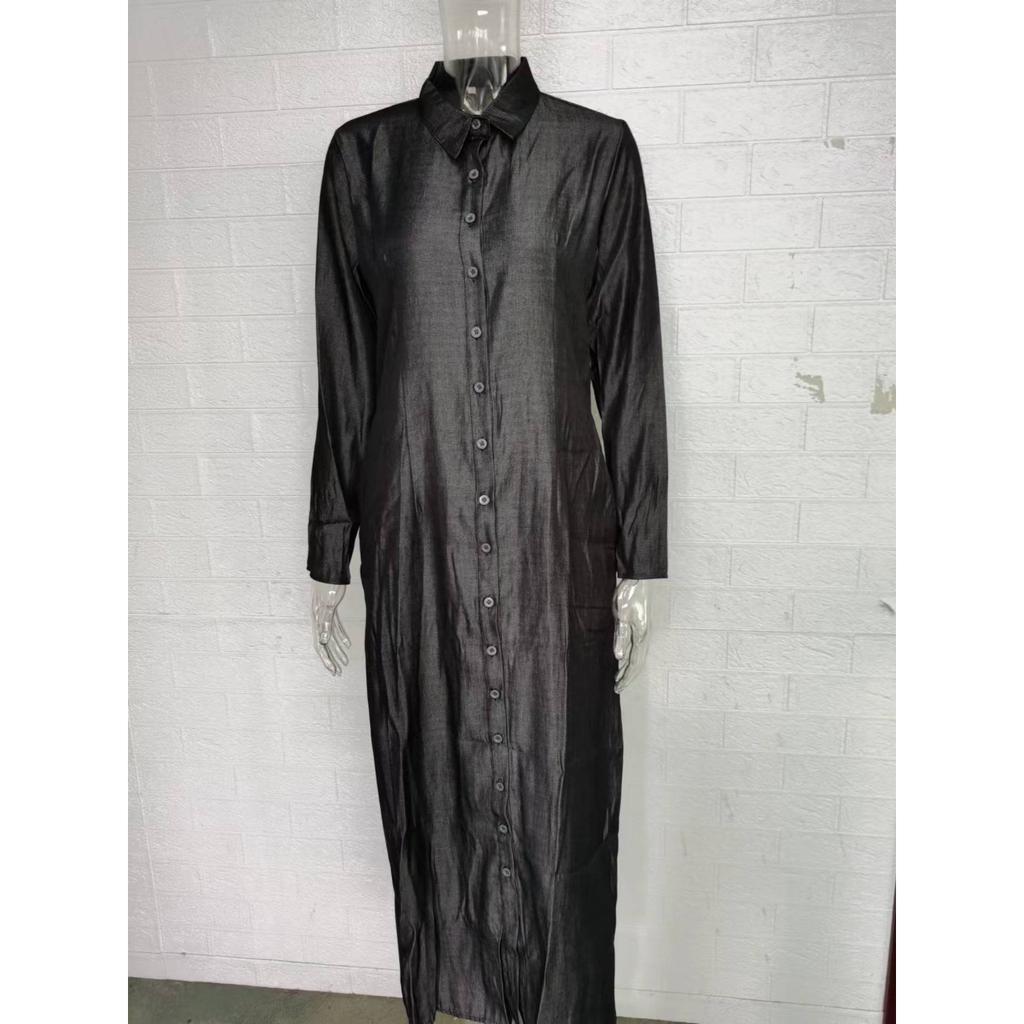 Elegant Women's Long Sleeve Denim Dress - Neutral Style Button-Down Maxi Dress with Lapel Collar and Pockets, Stylish Solid Color Long Dress for Casua