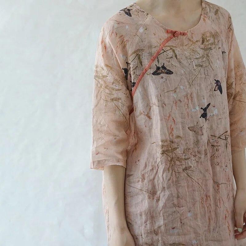 Johnature Damen Vintage Shirts O-Ausschnitt Halbarm Print Blumenblusen Frühling Hochwertige Damen Mittellanges Hemd