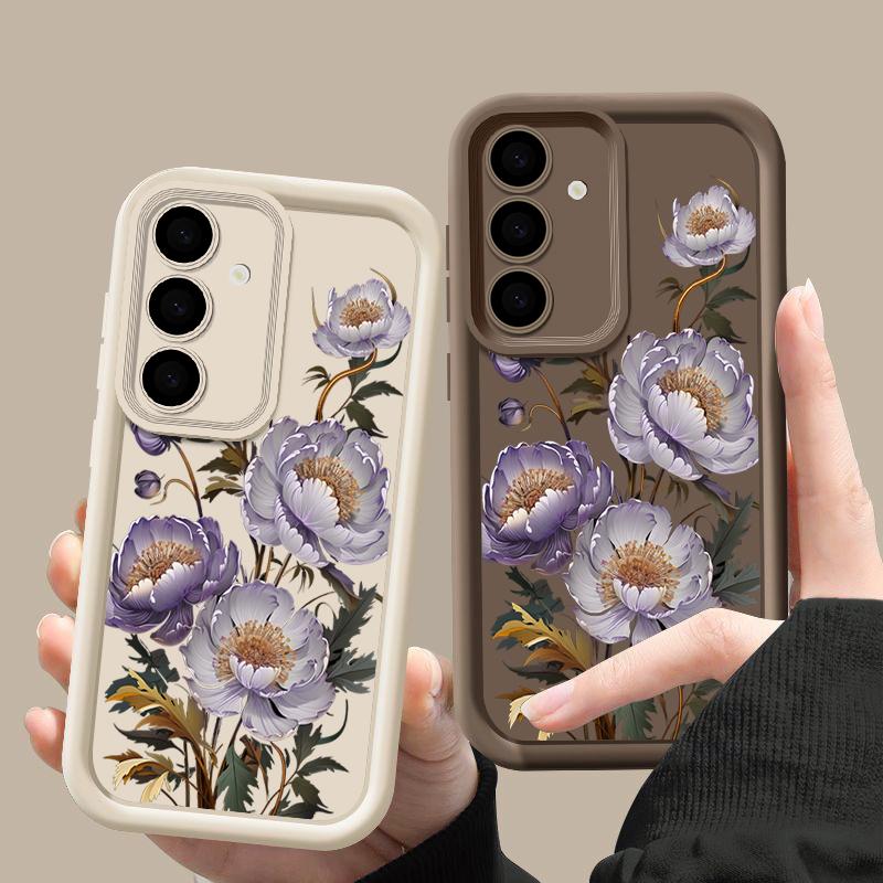 Purple Flower Pattern Shockproof Back Cover for Samsung S25 S24 S23 S22 Ultra A15 A55 A35 A34 A06 A05 A53 A54 Silicone Soft Lens Protection Matte Case