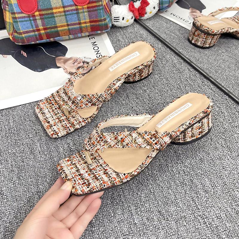 Fashion A French-style Flip-flop Girl Wears Chinese-style Women's Shoes with Thick Heels and Pinched Middle Heels for Summer