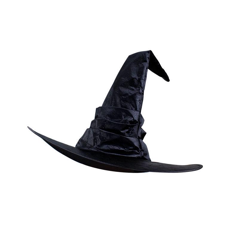 Black Pleated Satin Witch Hat for Halloween One Size