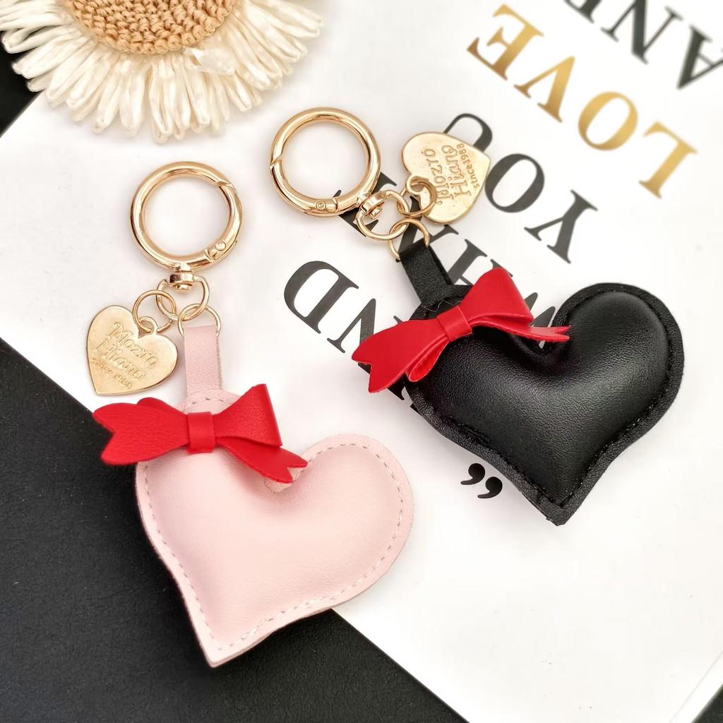 Handmade Bow & Leather Heart Pendant Keychain Lanyard