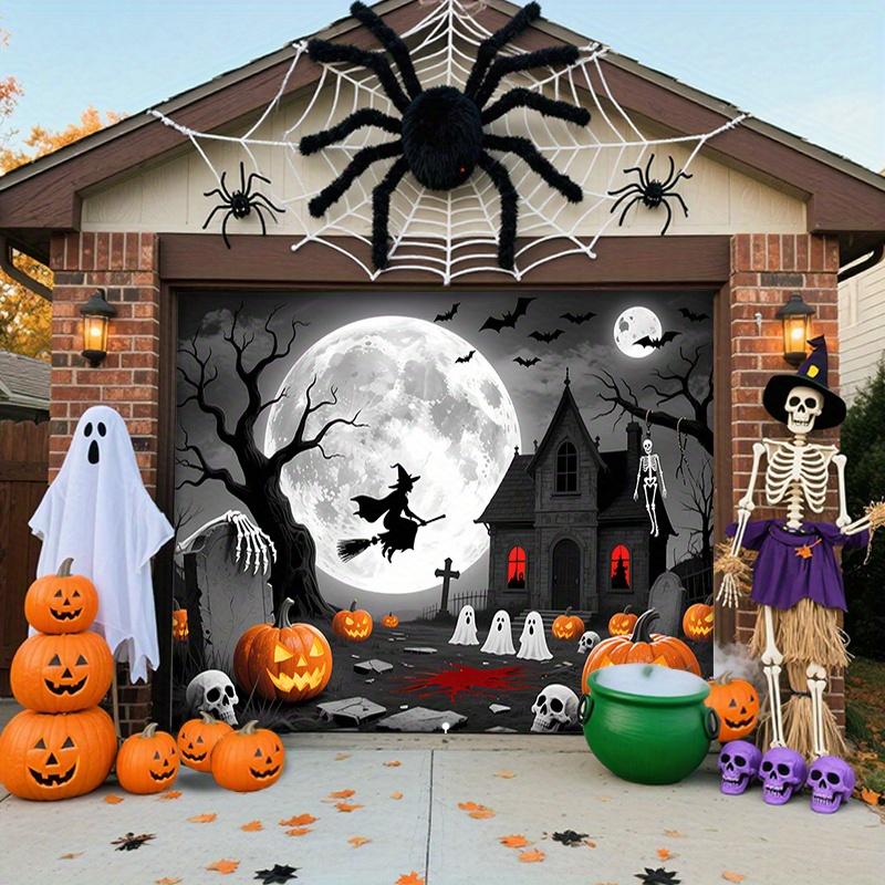 Halloween garage door backdrop featuring witches ghosts and pumpkin lanterns showcasing a cemetery under moonlight