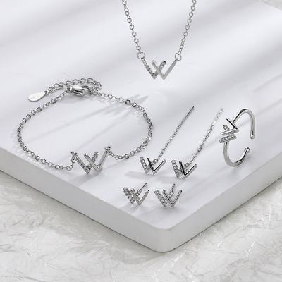 Personalized Trendy Xw Ring Flash Diamond W Letter Earrings Double V Bracelet Niche Necklace