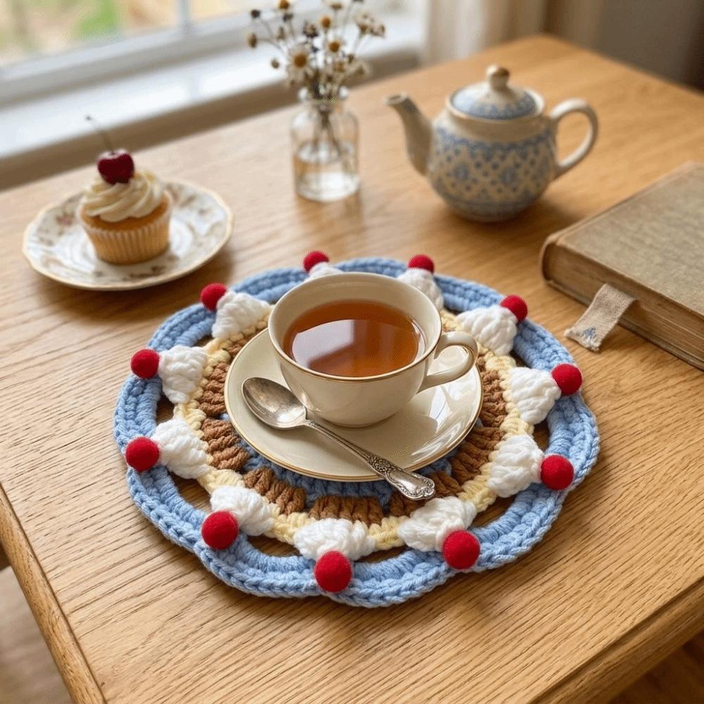 Handmade Cream Cake Crochet Coaster Knitted Trivet Mats Creative Coffee Cup Mat Office