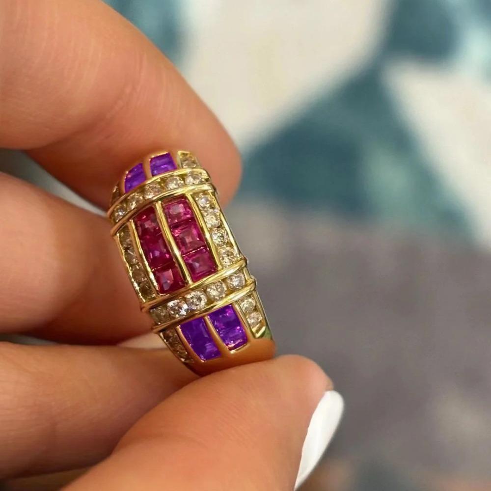 Vintage Open Ring Classic Two Tone Jewelry with Red Ruby and Purple Diamond for Women adjustable