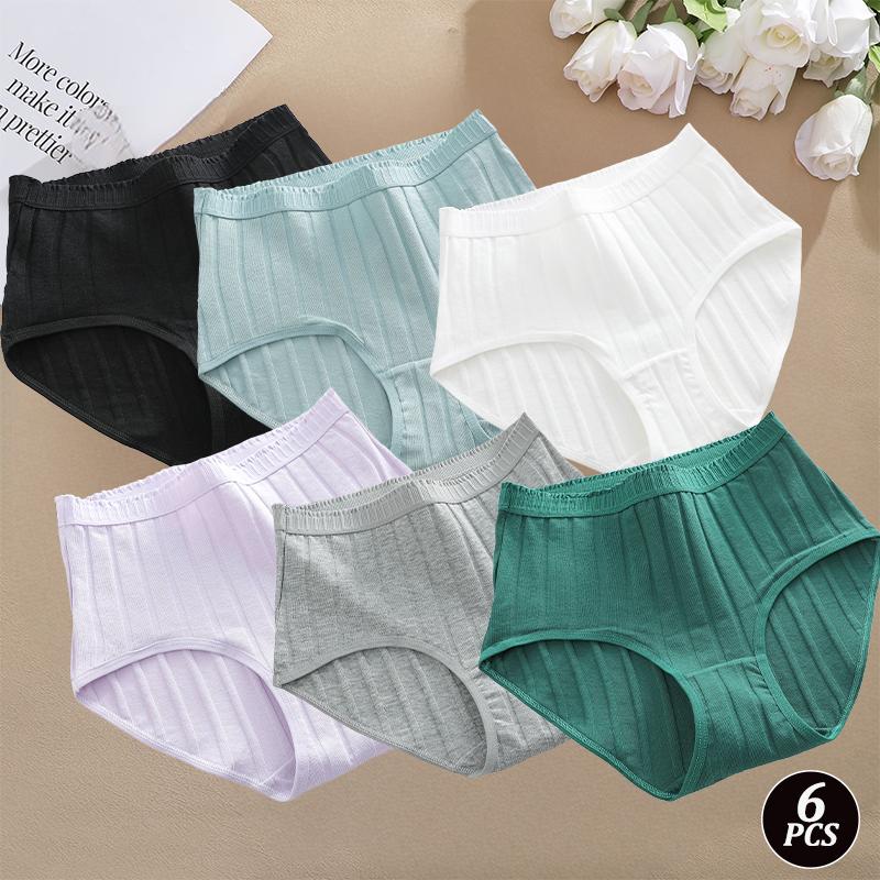 FINETOO 6PCS/SET Women Basic High Waist Striped Panties Cotton Breathable Daily Multi Color Set Butt Lifting Plus Size Comfort Underwear