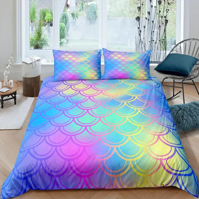 Comforter Mermaid Fish Scales Magical Colorful Seamless Pattern With Fish Scale Net Print Bedding Set Microfiber
