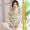 Summer Striped Ice Silk Round-Neck Top for Middle-Aged & Elderly Women - Stylish Short-Sleeved Mother's Day Sweater
