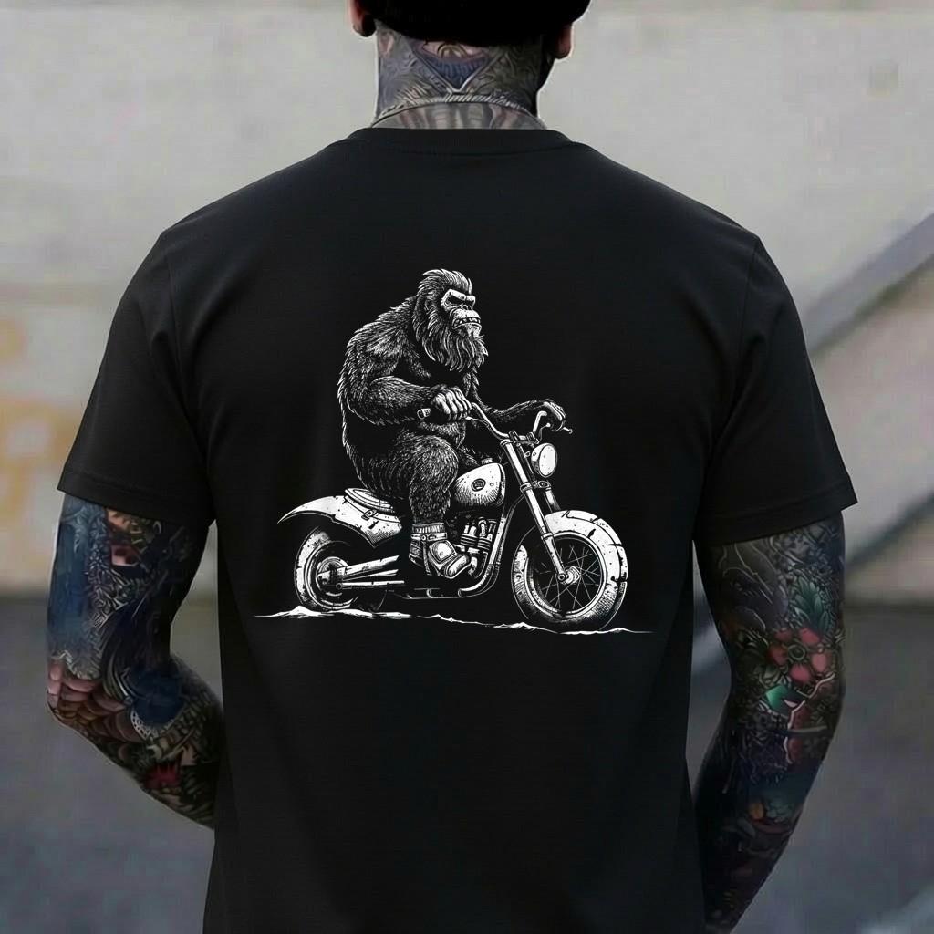 Bigfoot Riding A Motorcycle Bike Funny Sasquatch Men Women T-Shirt XL
