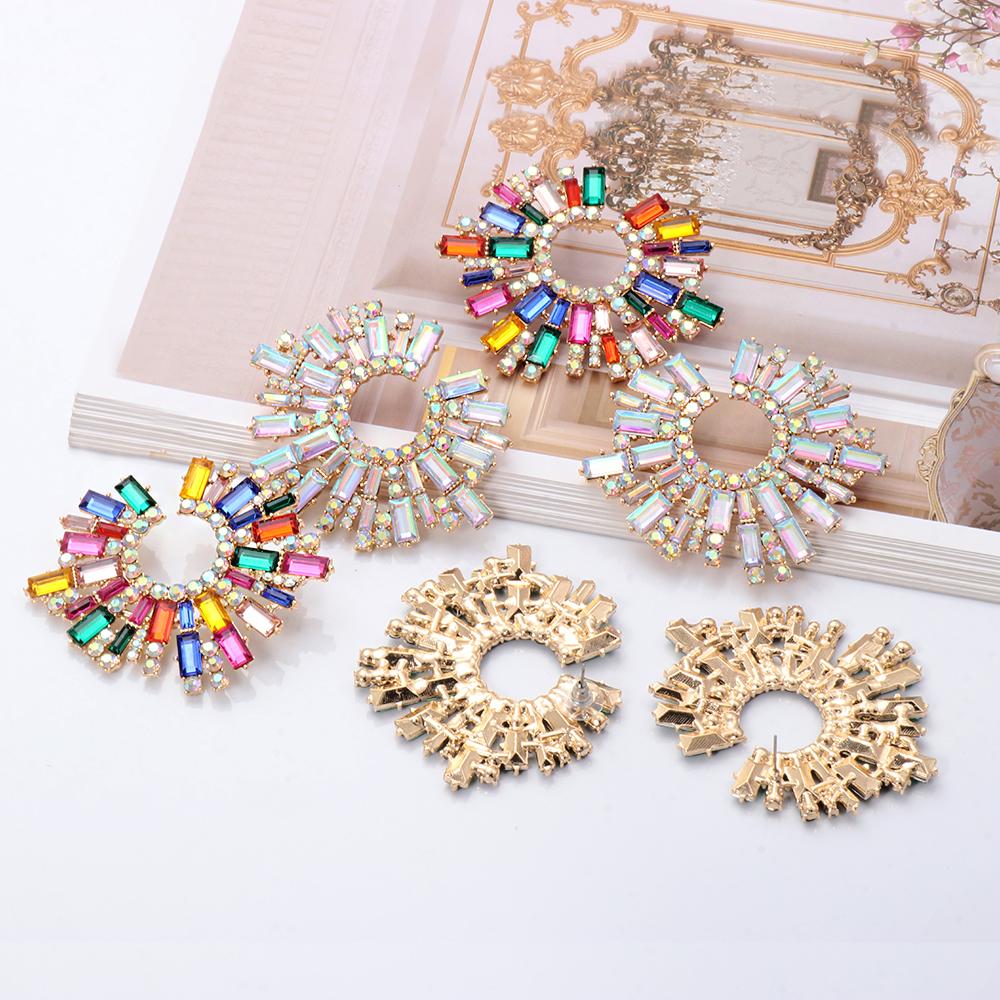 New Vintage Hollow Round Crystal Drop Dangle Earrings Trend Statement Rhinestone Ear Ring For Women Fashion Colorful Jewelry
