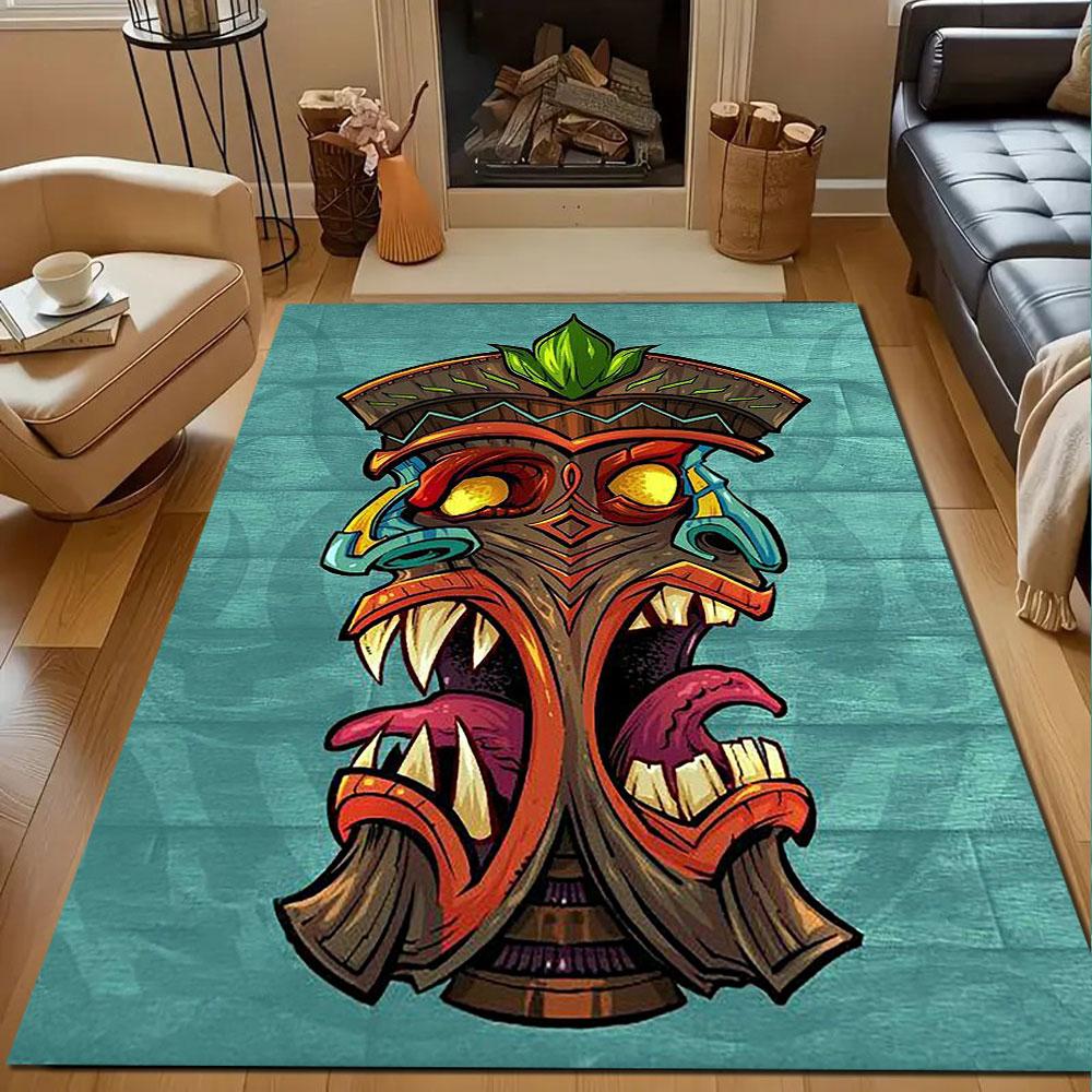Colorful Tribal Mask Design Patterned carpet, non slip mat suitable for living room and bedroom sofas