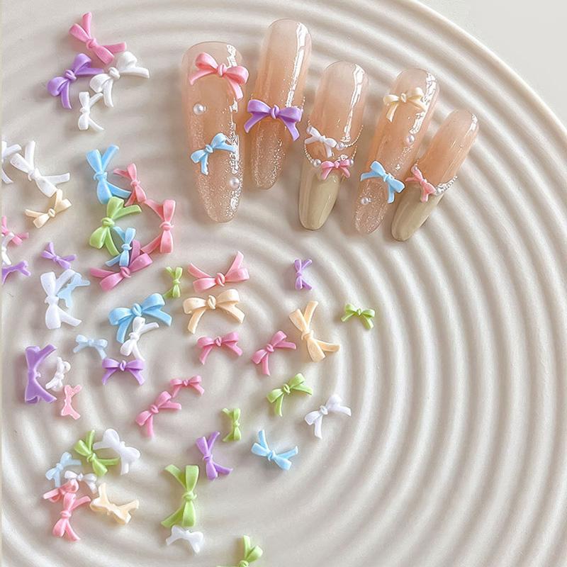 50Pcs Colorful Bow Nail Art Parts Charms Bulk Shiny Mini Resin Ribbon Nail Rhinestones Diy Summer Nail Art Decor Accessories