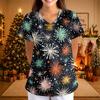 Women's Christmas Print Short Sleeve V-Neck Loose Fit Caregiver Uniform with Pockets
