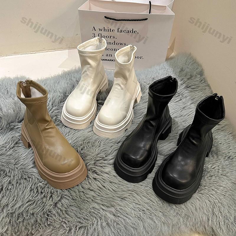 Fashion Women's Fashion Platform Ankle Boots Pu Leather Thick Bottom Combat Boots Woman Square Toe Slip On Chunky Short Booties Mujer