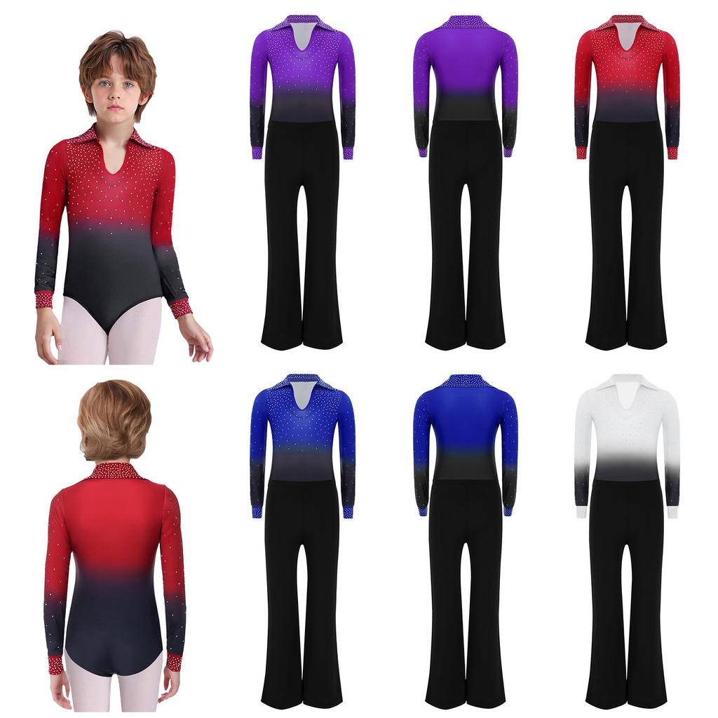 Conjunto de Leotard de Dança Brilhante com Strass, Gola Reversível, Manga Longa e Calça com Cós Elástico para Meninos