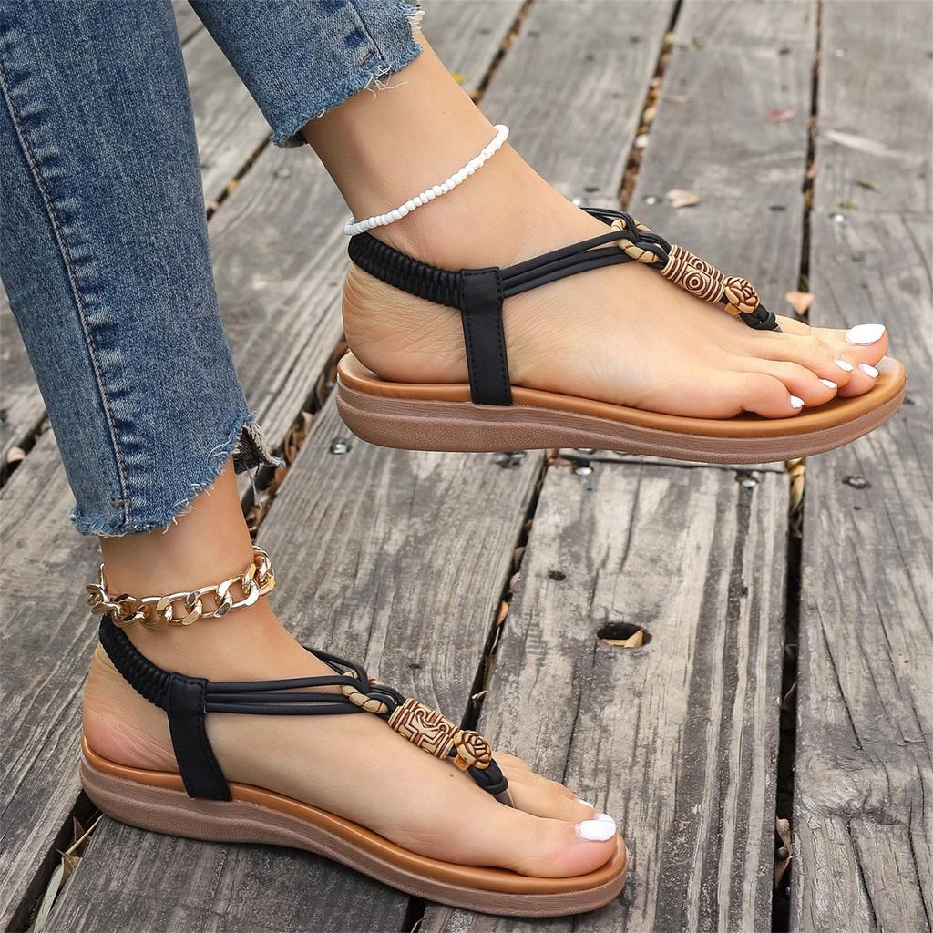 Sandali da Donna alla Moda Retro con Perline e Infradito Punta Tonda Piatto Casual Slip-On Calzature Estive con Elastico sul Retro