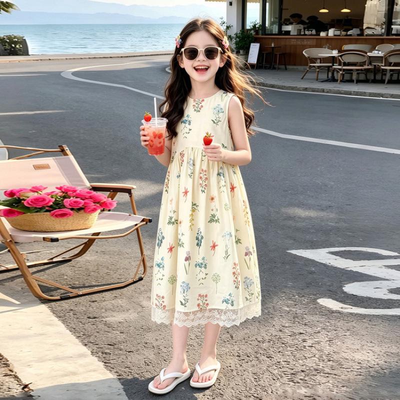 2026 Floral Print Sleeveless Summer Dress for Girls – Stylish Princess Skirt 130 cm