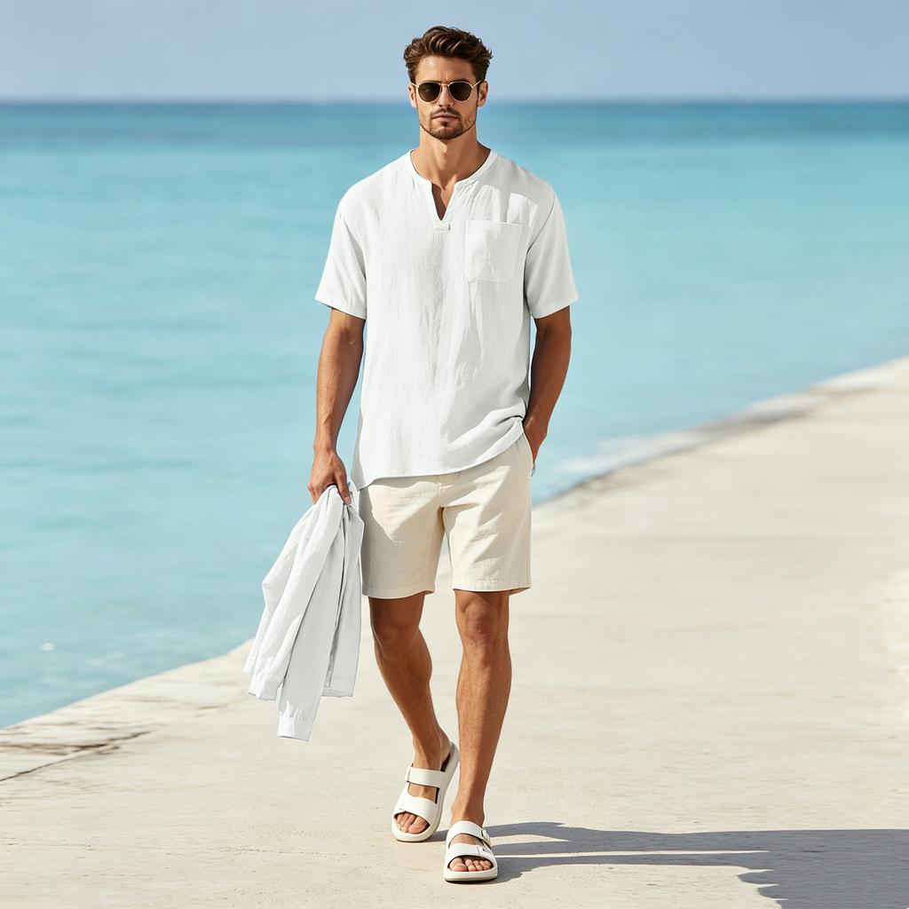 Men's Casual Linen Short Sleeve V-Neck Beach Shirt