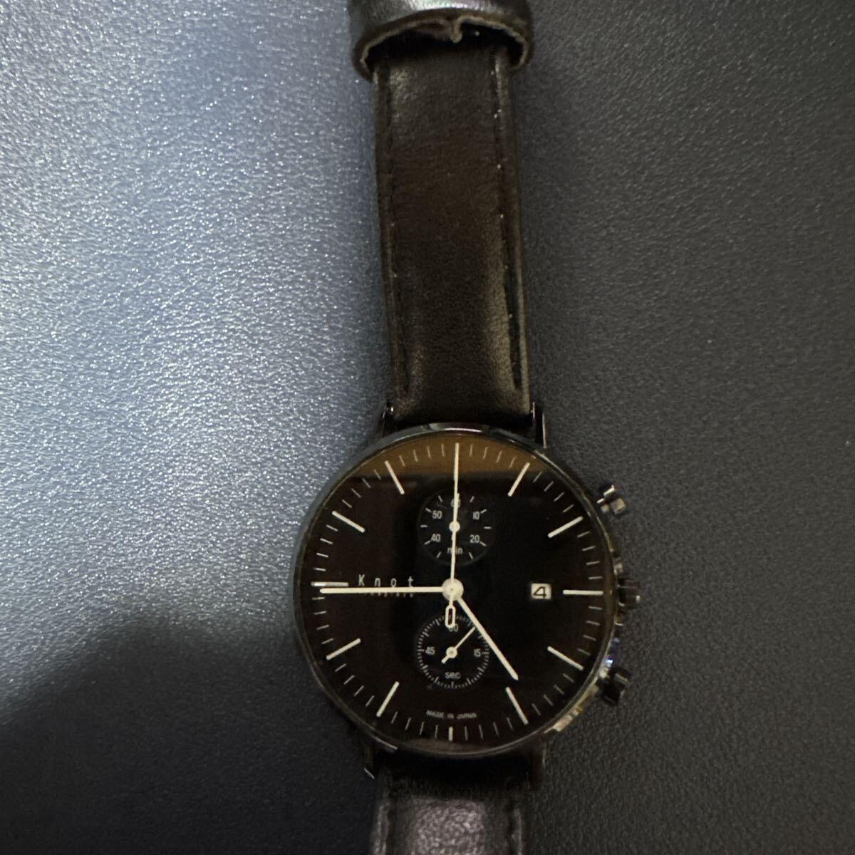Used Knot Chronograph Watch Black Dial Leather Strap Made in Japan
