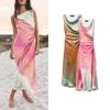 Spring New Arrival Elegant Elegance Draped Collar Ruched Decorative Tie-Dye Print Midi Skirt Dress 3031210