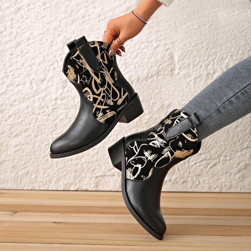 Women's Pointed Block Heel Medium Heel Alphabet Graffiti Low Leg Boots Sleeve Western Cowboy Knight Boots Women's Plus Size