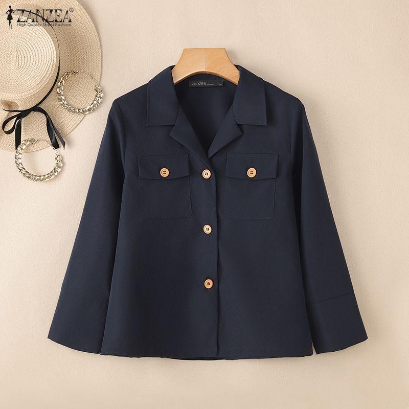 ZANZEA Women Casual Turn Down Collar Solid Color 3/4 Sleeve Cardigan Blouse