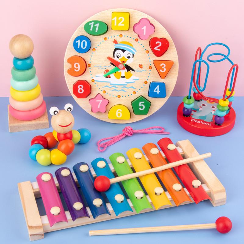 Wooden Baby Clock Caterpillar Small Round Bead Rainbow Tower Toy For Early Learning