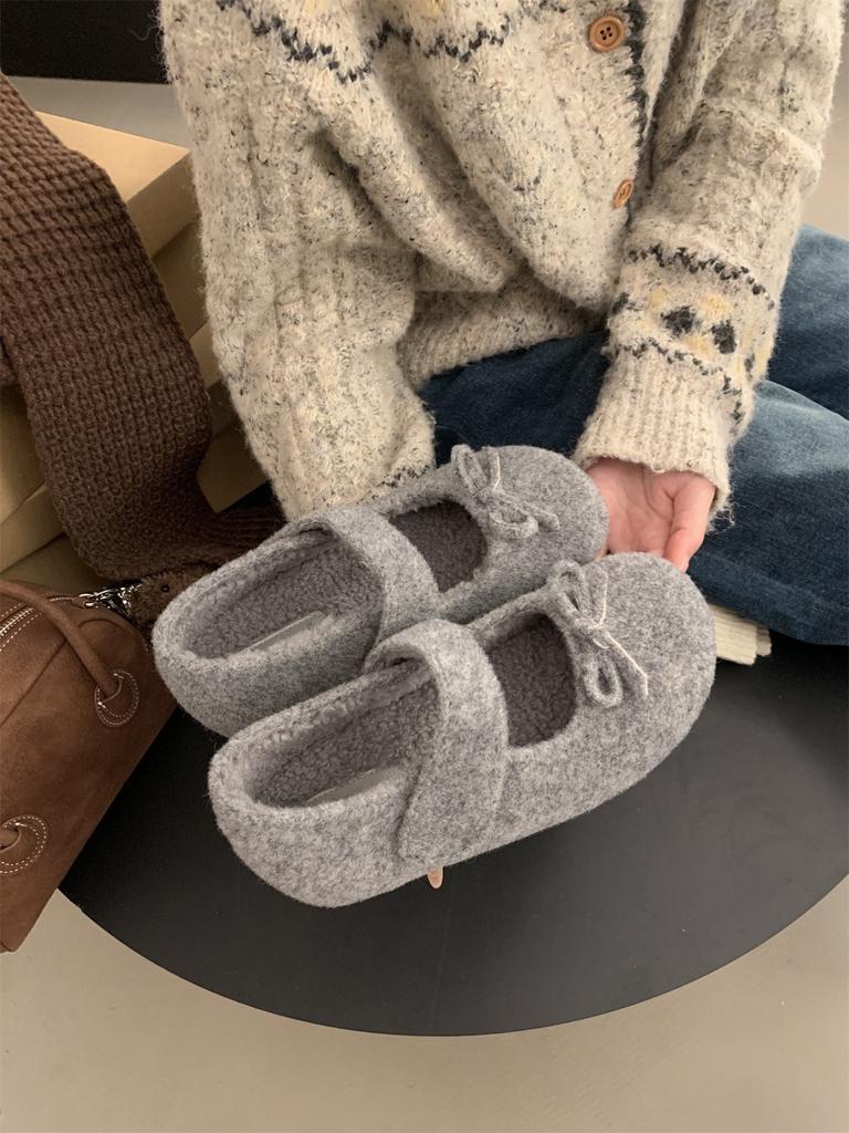 Xiaoxiangfeng bow gray inner heightening fleece Birkenstocks thick-soled Mary Jane light-mouth fluffy shoes