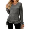Casual Loose Fit V Neck Solid Color Long Sleeve T Shirt