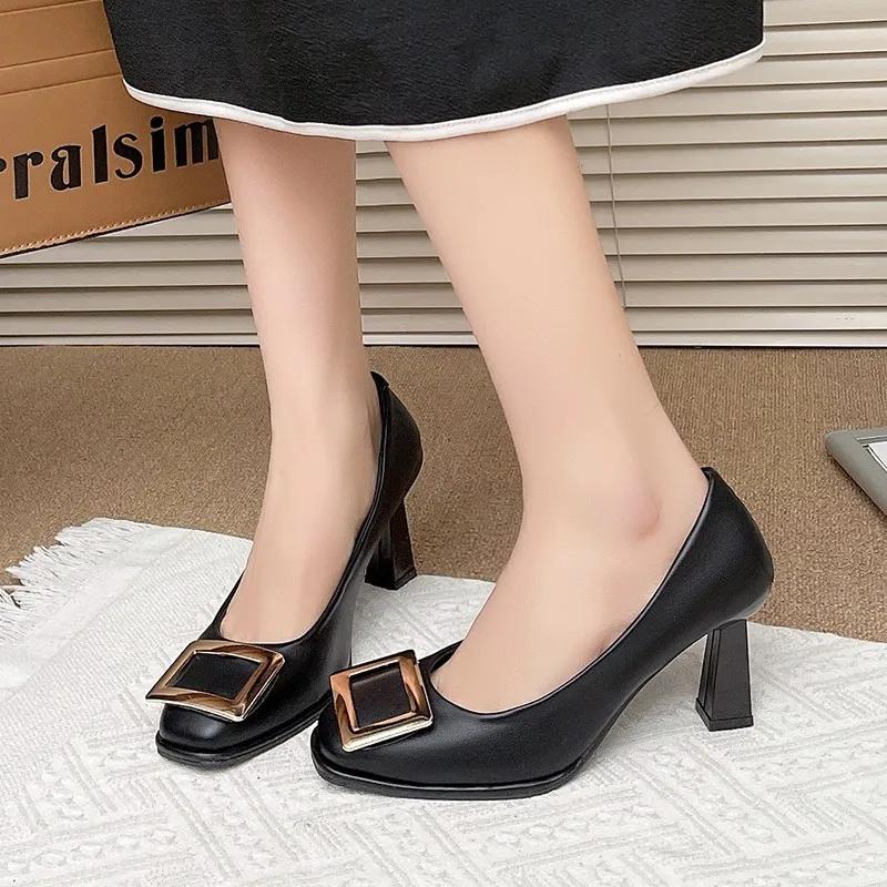 Fashion Women's Slim Heel Shoes Spring New Square Head Shallow Mouth Metal Square Buckle Anti-slip Wear-resistant High Heels