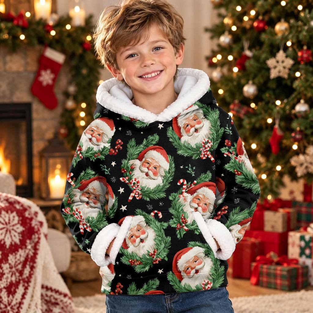 Kids Long Sleeve Christmas Print Casual Hooded Top for Boys and Girls Holiday Outfit