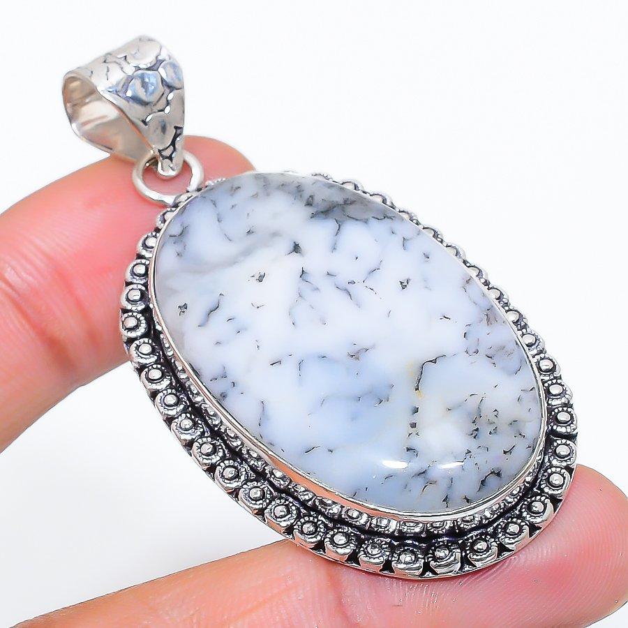 Dendrite Opal Gemstone Handmade 925 Sterling Silver Jewelry Pendant 2.36" SU-10791