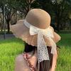 Sun Hat Large Wavy Brim Breathable Summer Straw Hat with Lace Bow Tulip Decor Foldable Portable Travel Hat