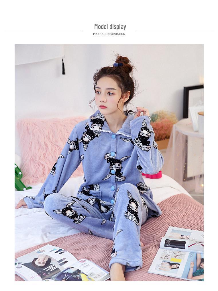 Women's Coral Fleece Pajamas: Warm, Thick Cardigan Lapel Homewear Set for Autumn and Winter