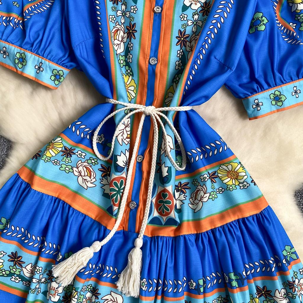 Summer Vintage Printed Oversize Long Maxi Beach Dress for Women's Lantern Sleeve Seaside Holiday Dresses