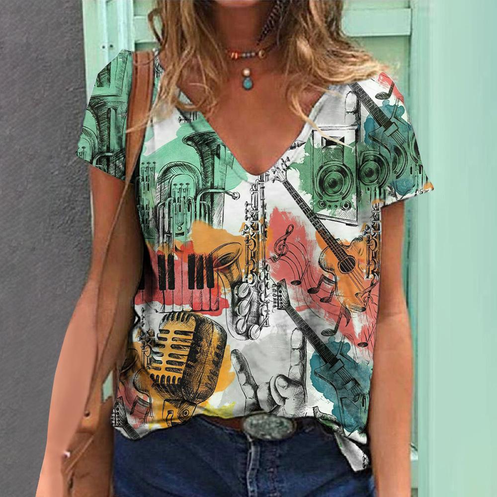 

Женская футболка с 3d-принтом музыкальных гитар и v-образным вырезом, топы с короткими рукавами, футболки, уличная одежда, женская футболка большого размера, летняя женская одежда M