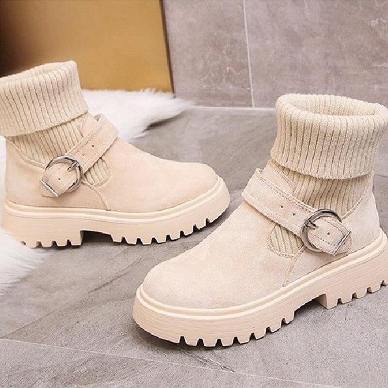 Women Ankle Boots Flock Patchwork Short Plush Slip-On Platform Belt Buckle Female Boot Comfortable Leisure Lady Winter Footwear