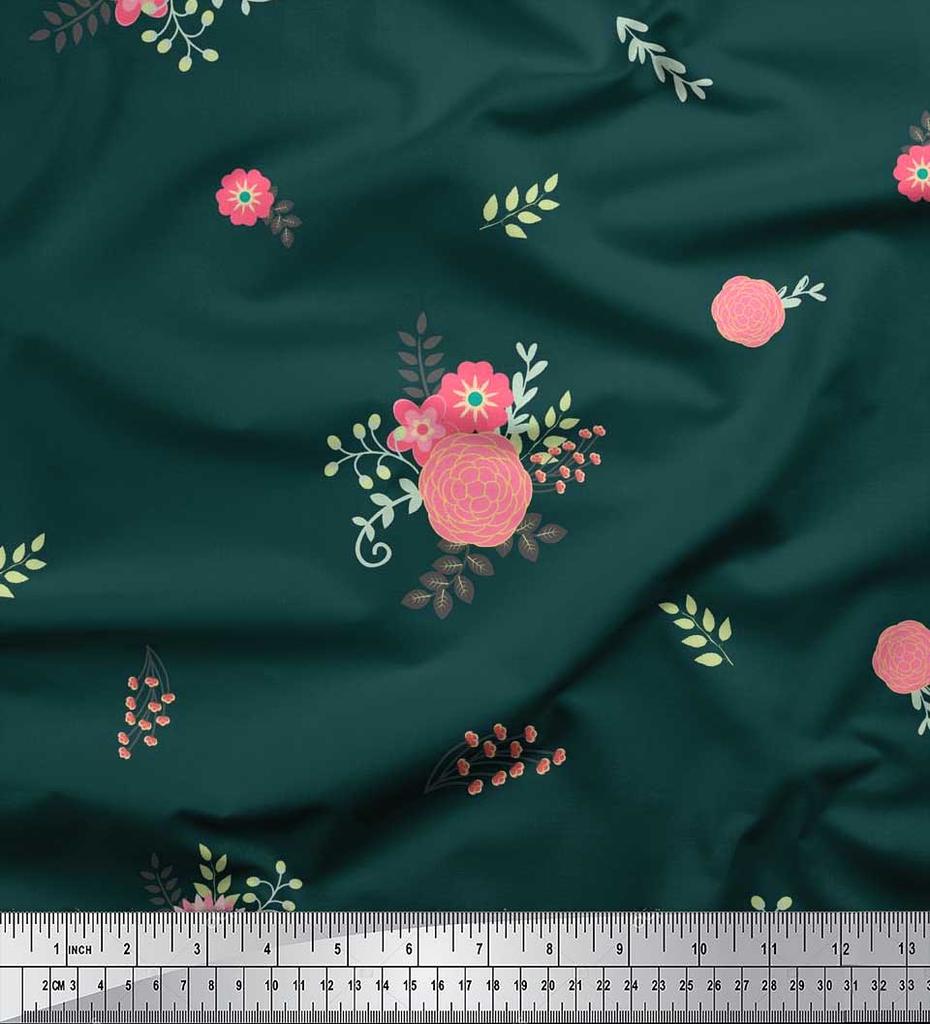 Soimoi Japan Crepe Satin Fabric Leaves,Aster & Camellia Flower Printed Craft Fabric by the Metre 42 Inch
