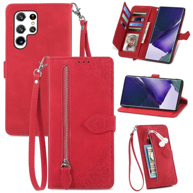 

Lanyard Zipper Flip Wallet Card Cover For Samsung Galaxy S25 Edge S24 Ultra S23 S22 S21 FE S20 Plus Magnetic Leather Phone Case Samsung S20 красный