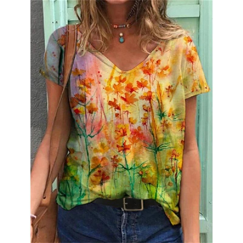 Ladies' Casual Summer Pullover V-neck T-shirt with Floral 3D Printing Short Sleeved Loose Women's Top T-Shirts Women’s