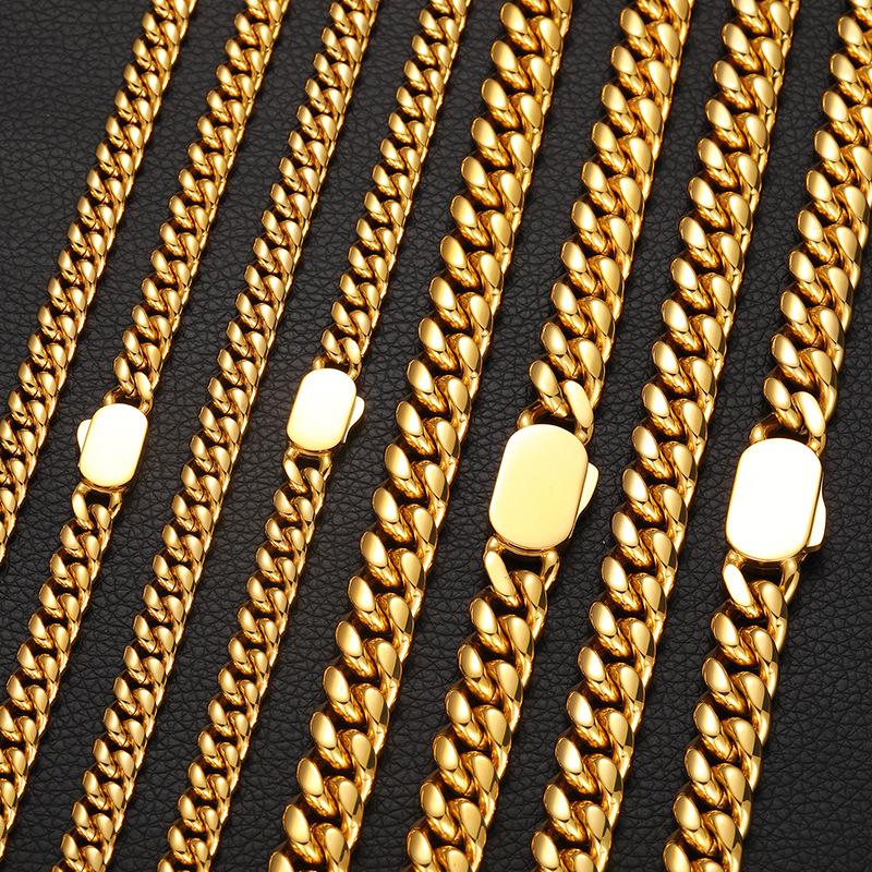 Fashion Jewelry Hip Hop 14K 18K Gold Filled Plated Stainless Steel Miami Cuban Link Chain Necklace for Men