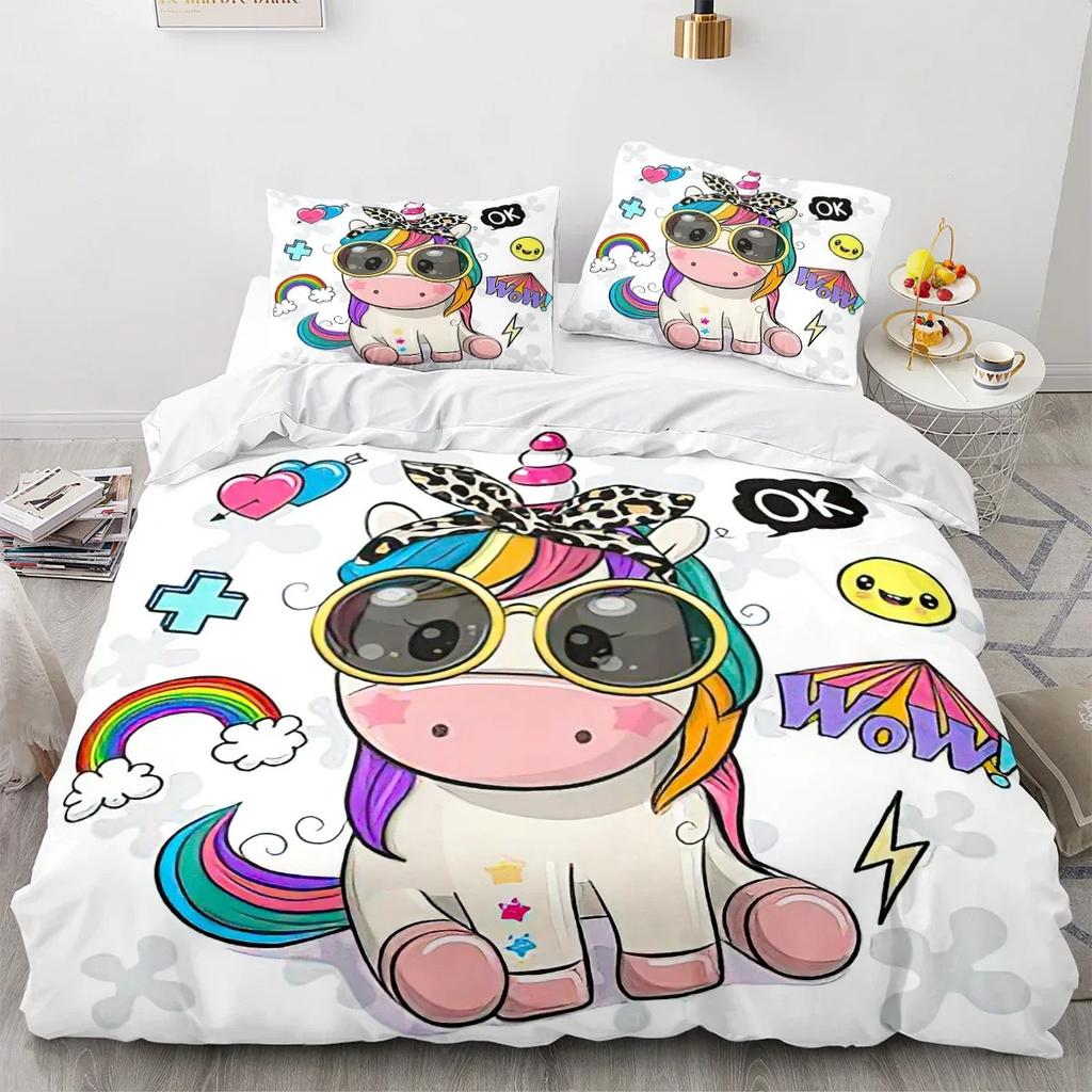 Cartoon Unicorn Duvet Cover King Queen Lovely White Mythical Animal Bedding Set Kids Girl Colorful Rainbow Polyester Quilt Cover Tool