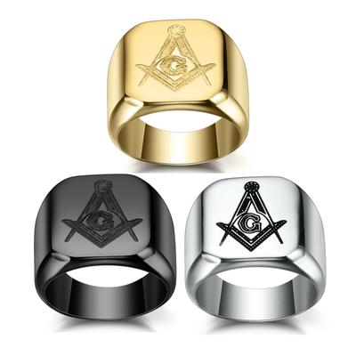 European and American Multi-Color Stainless Steel Freemason Logo Ring, 18MM Etched Simple Fashion Design
