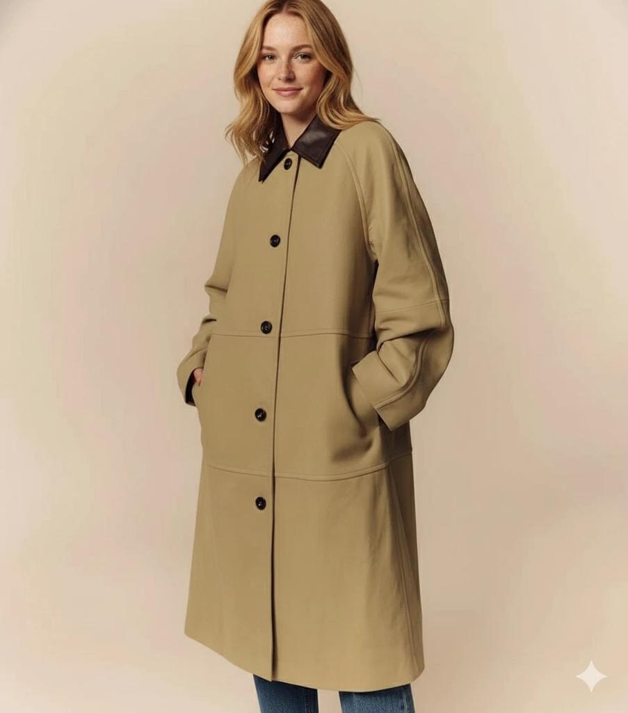 Leather Casual Stylish Lambskin Party Beige Genuine Women's Coat Trench Handmade