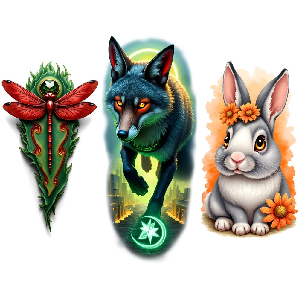 3pcs Temporary Tattoo Rabbit Colorful Realism Jellyfish Panther Waterproof Long-lasting Body Stickers Fox For Men Shoulders
